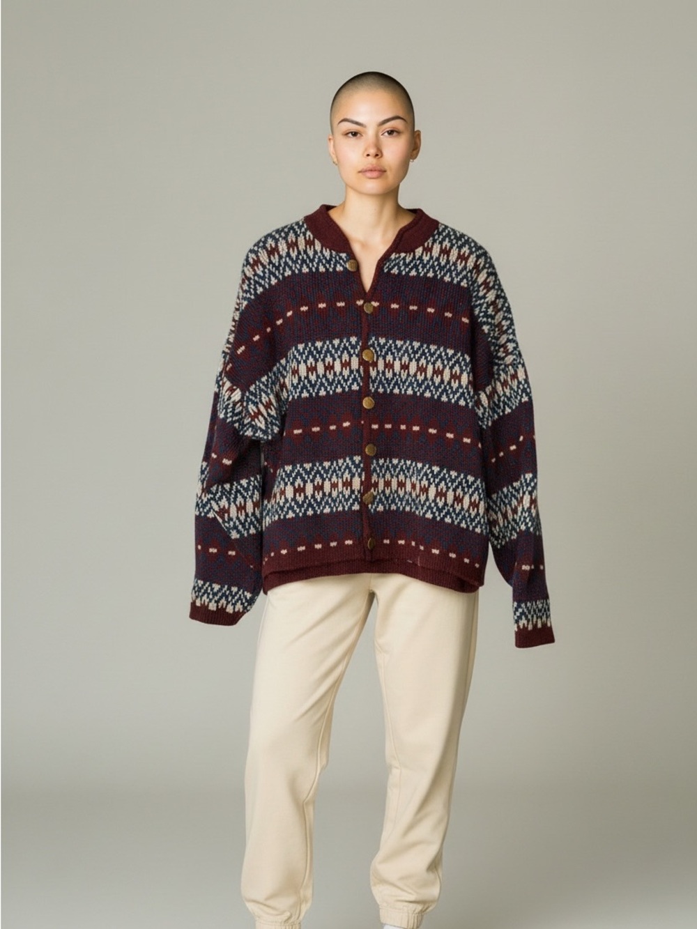 Jantzen Maroon Fair Isle Button-Up Cardigan with Navy and Cream